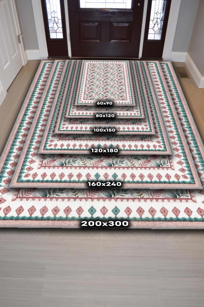 Çiçekli Yeşil Pembe Halı, Pastel Oturma Odası Halısı, Yıkanabilir Vintage  Halı