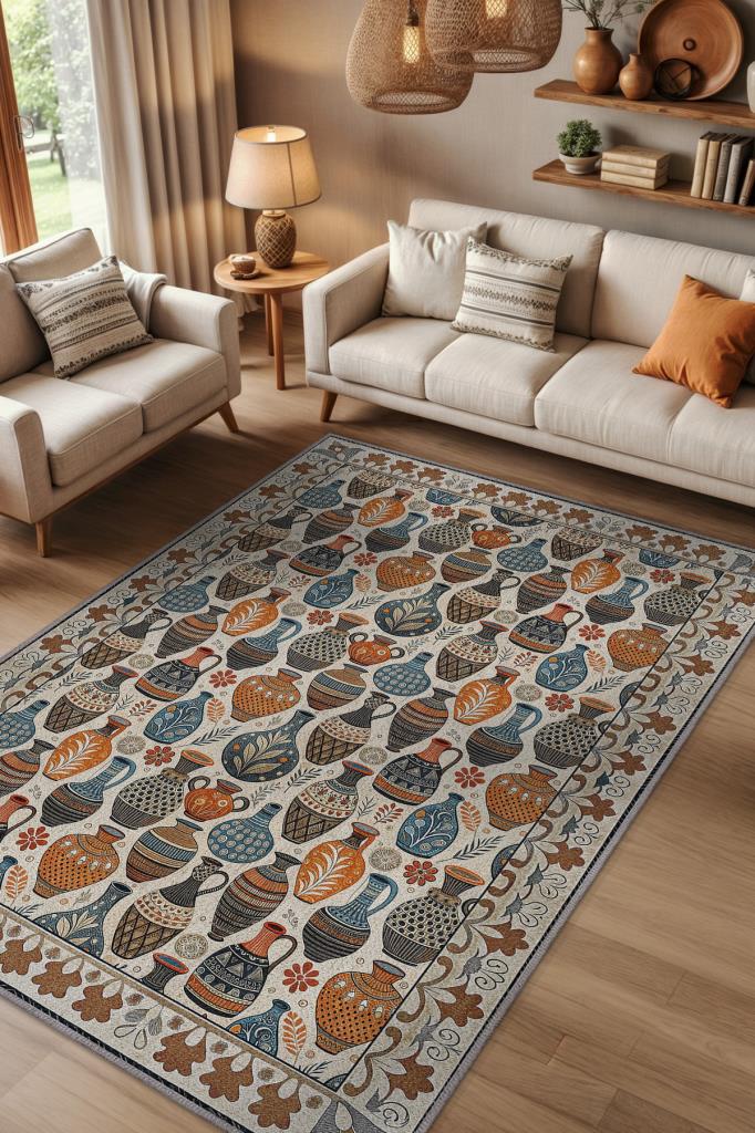 Çok Renkli Anadolu Kültürü Temalı Oturma Odası Halısı, Etnik Desenli Salon Halısı, Sanatsal Yıkanabilir Halı