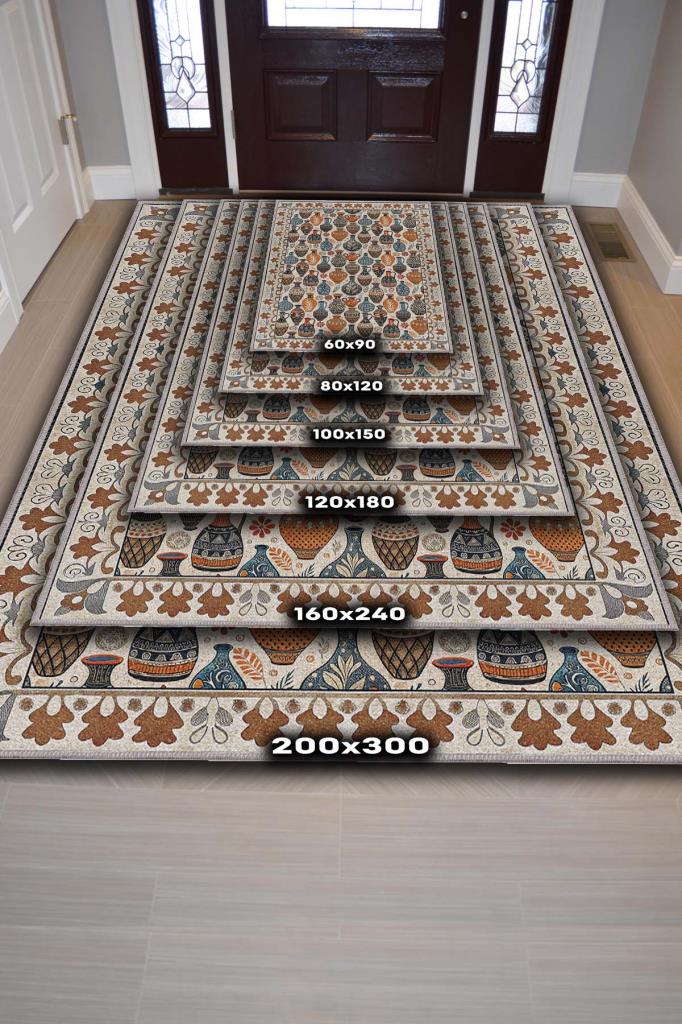 Çok Renkli Anadolu Kültürü Temalı Oturma Odası Halısı, Etnik Desenli Salon Halısı, Sanatsal Yıkanabilir Halı