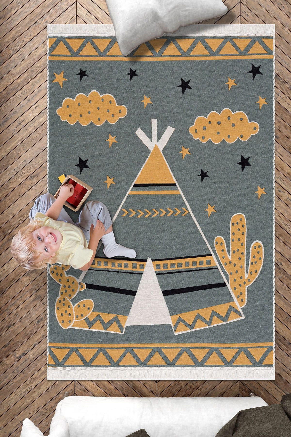 Çok Renkli Yumuşak Dokulu Çift Taraflı Yıkanabilir Pamuk Saçaklı Dokuma Dekoratif Kilim Halı