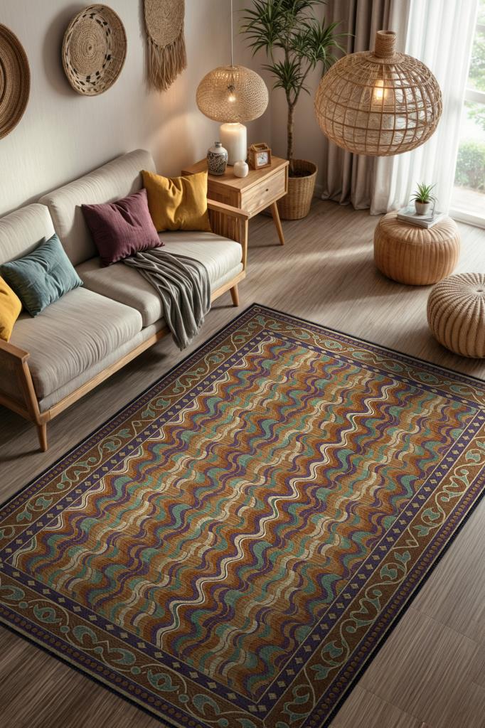 Dalgalı Soyut Desenli Retro Hal Karamel Renkli Salon Halısı, Yıkanabilir Koyu Renkli Halı