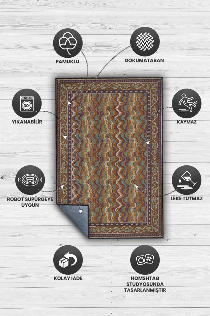 Dalgalı Soyut Desenli Retro Hal Karamel Renkli Salon Halısı, Yıkanabilir Koyu Renkli Halı