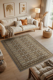 Damalı Ceviz Rengi Oturma Odası Halısı, Kareli Kahverengi Salon Halısı, Minimalist Yatak Odası Halısı