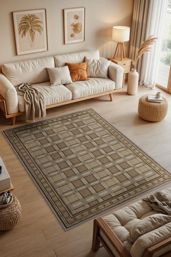 Damalı Ceviz Rengi Oturma Odası Halısı, Kareli Kahverengi Salon Halısı, Minimalist Yatak Odası Halısı