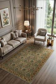 Damask Desenli Kalisk Oturma Odası Halısı, Makinede Yıkanabilir Çiçekli Madalyon Halı