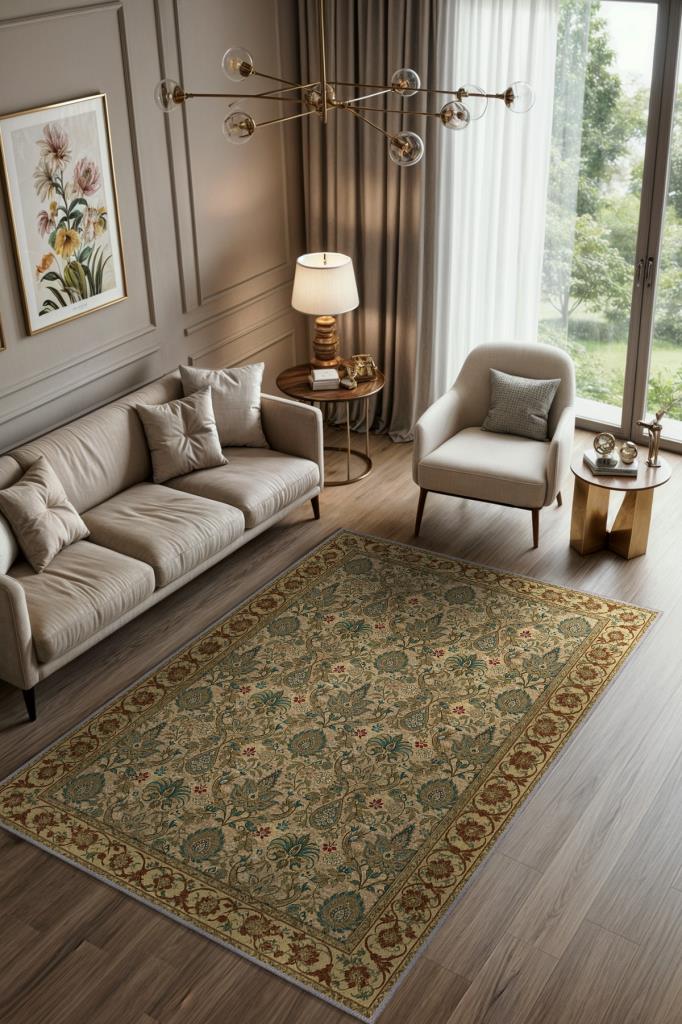 Damask Desenli Kalisk Oturma Odası Halısı, Makinede Yıkanabilir Çiçekli Madalyon Halı