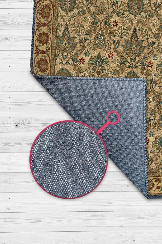 Damask Desenli Kalisk Oturma Odası Halısı, Makinede Yıkanabilir Çiçekli Madalyon Halı