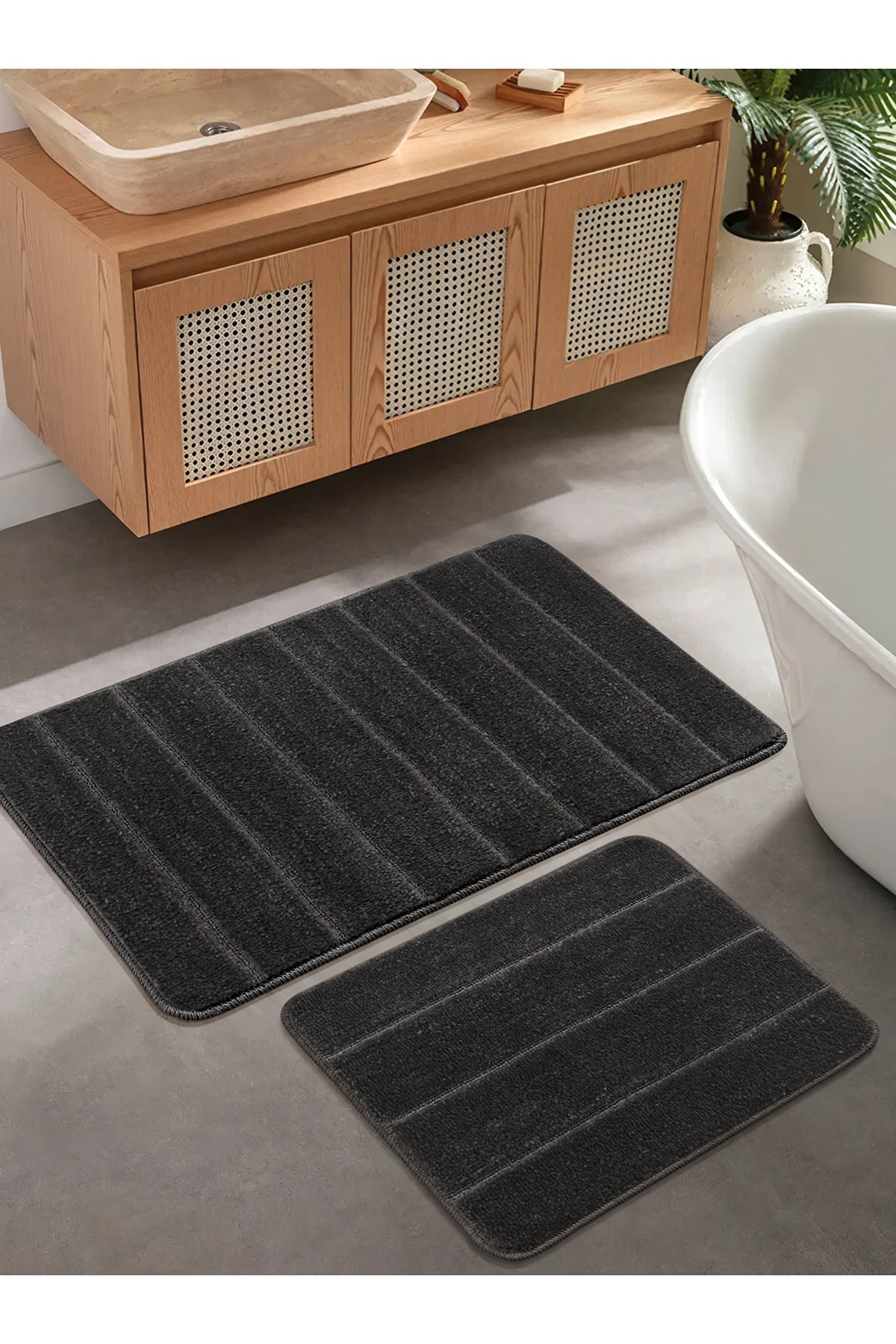 Doğal Kaymaz Taban Banyo Paspas Set Yumuşak Dokulu Su Emici Yıkanabilir Yeni Çizgili Set 50x80-50x40