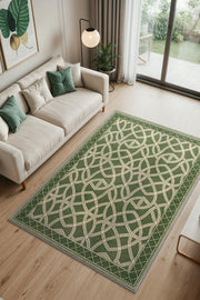 Düğüm Desenli Yıkanabilir Salon Halısı, Krem Yeşil Halı, Minimal Ev Dekoru, Dokuma Pamuk Tabanlı Halı