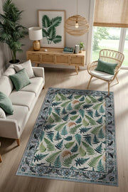 Eğrelti Otu Ve Ağaç Yaprağı Desenli Klasik Yıkanabilir Halı, Botanik Desenli Salon Halısı, Yeşil Doğal Ev Dekoru
