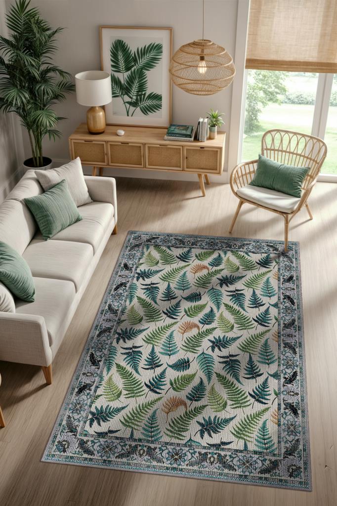 Eğrelti Otu Ve Ağaç Yaprağı Desenli Klasik Yıkanabilir Halı, Botanik Desenli Salon Halısı, Yeşil Doğal Ev Dekoru