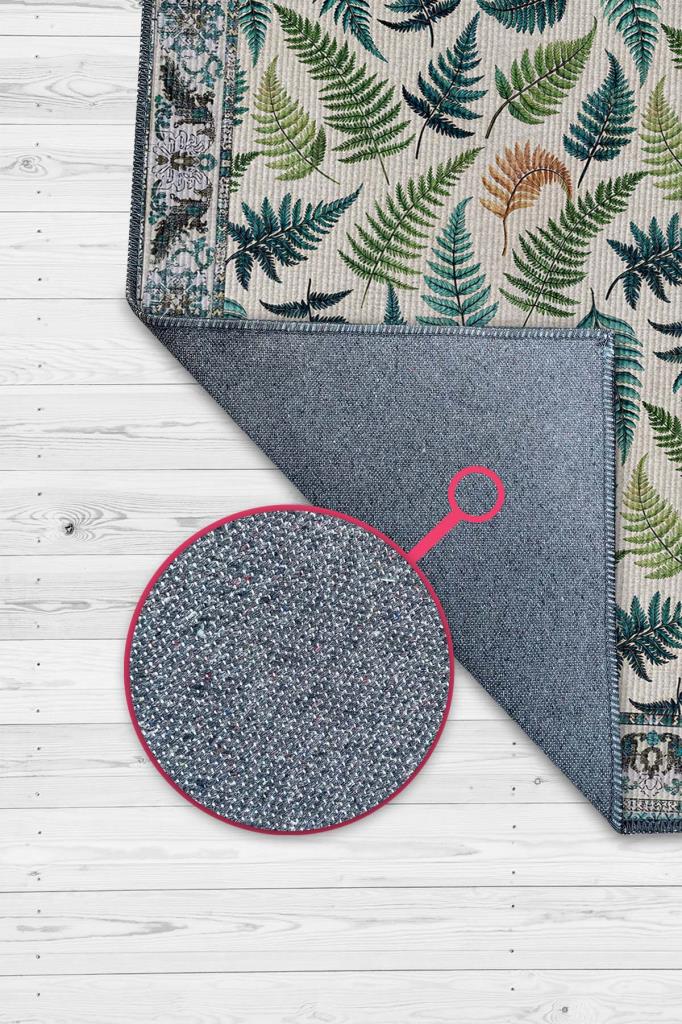 Eğrelti Otu Ve Ağaç Yaprağı Desenli Klasik Yıkanabilir Halı, Botanik Desenli Salon Halısı, Yeşil Doğal Ev Dekoru