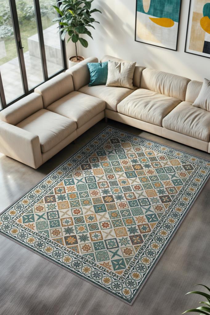 Eklektik Oda Dekoru İçin Renkli Kozaik Desenli Yıkanabilir Halı, Geometrik Retro Halı, Mozaik Halı