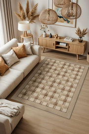 Ekose Desenli Hasır Renkli Oturma Odası Halısı, İskoç Etnik Desenli Salon Halısı, Fındık Renkli Yıkanabilir Kareli Halı