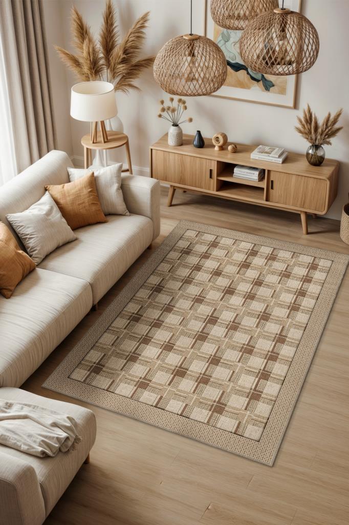 Ekose Desenli Hasır Renkli Oturma Odası Halısı, İskoç Etnik Desenli Salon Halısı, Fındık Renkli Yıkanabilir Kareli Halı