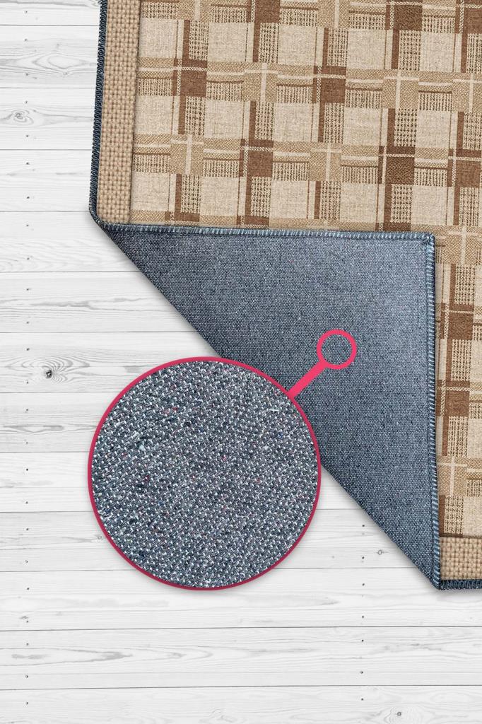 Ekose Desenli Hasır Renkli Oturma Odası Halısı, İskoç Etnik Desenli Salon Halısı, Fındık Renkli Yıkanabilir Kareli Halı