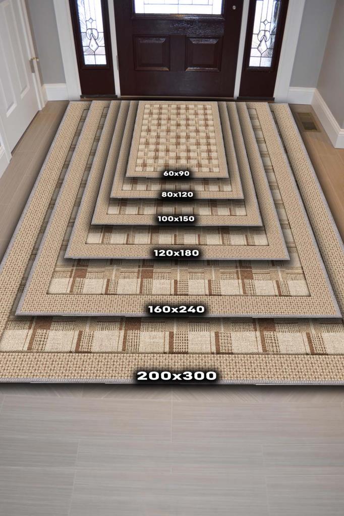 Ekose Desenli Hasır Renkli Oturma Odası Halısı, İskoç Etnik Desenli Salon Halısı, Fındık Renkli Yıkanabilir Kareli Halı