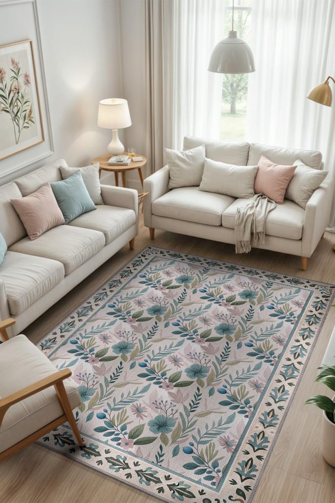 El Çizimi Çiçek Desenli Yıkanabilir Oturma Odası Halısı, Ferah Salon Halısı,  Tamamlayıcı Pastel Oda Dekoru Halısı