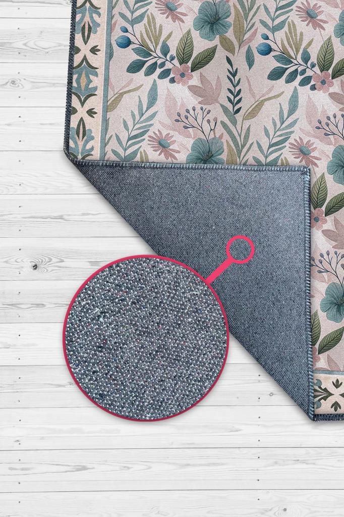 El Çizimi Çiçek Desenli Yıkanabilir Oturma Odası Halısı, Ferah Salon Halısı,  Tamamlayıcı Pastel Oda Dekoru Halısı