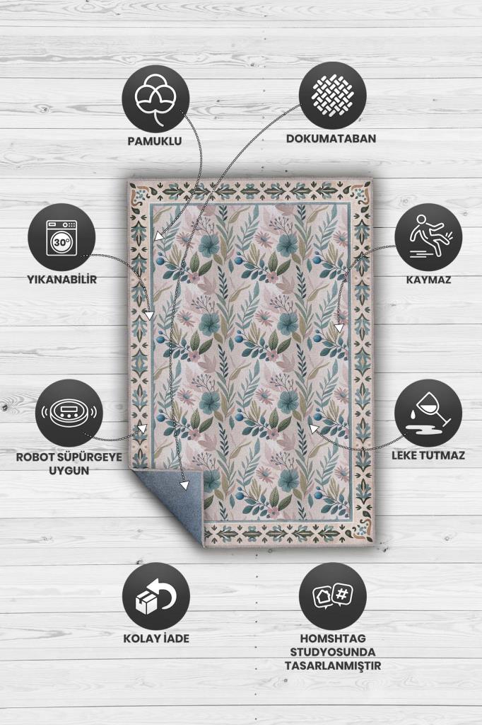 El Çizimi Çiçek Desenli Yıkanabilir Oturma Odası Halısı, Ferah Salon Halısı,  Tamamlayıcı Pastel Oda Dekoru Halısı