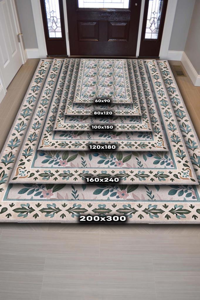 El Çizimi Çiçek Desenli Yıkanabilir Oturma Odası Halısı, Ferah Salon Halısı,  Tamamlayıcı Pastel Oda Dekoru Halısı