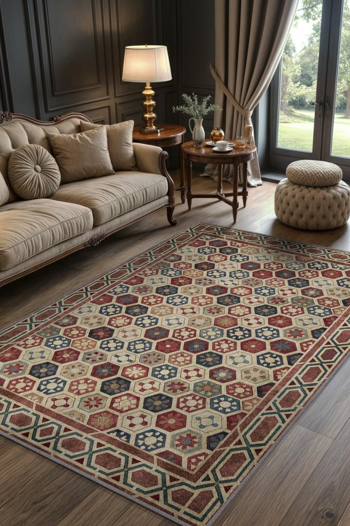 Eskitme Tarzı Geometrik Desenli Oturma Odası Halısı, Sembolik Çiçek Motifli Salon Halısı, Makinede Yıkanabilir Çok Renkli Halı