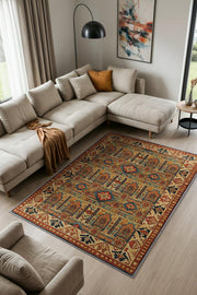 Etnik Kafkas Desenli Geleneksel Rustik Halı, Yıkanabilir Oturma Odası Halısı