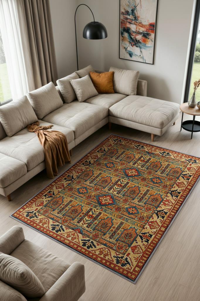 Etnik Kafkas Desenli Geleneksel Rustik Halı, Yıkanabilir Oturma Odası Halısı