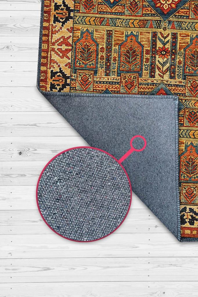 Etnik Kafkas Desenli Geleneksel Rustik Halı, Yıkanabilir Oturma Odası Halısı