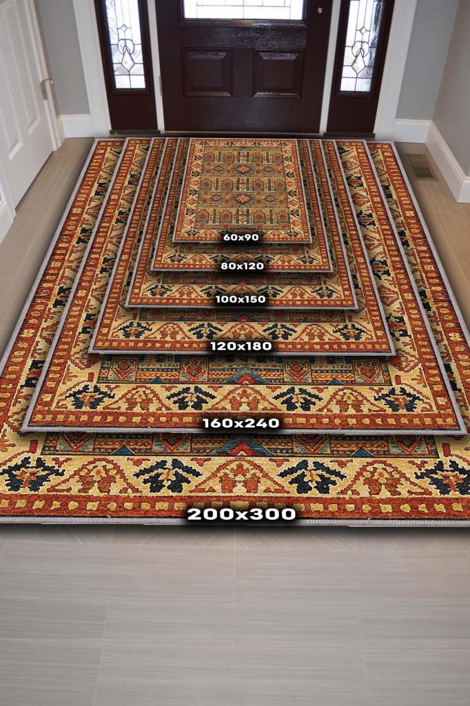 Etnik Kafkas Desenli Geleneksel Rustik Halı, Yıkanabilir Oturma Odası Halısı