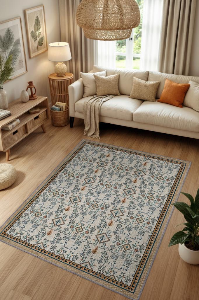 Etnik Nordik Desenli Geometrik Modern Halı,  Minimal Ev Dekoru, Yıkanabilir Dokuma Pamuk Tabanlı Kaymaz Tabanlı Halı