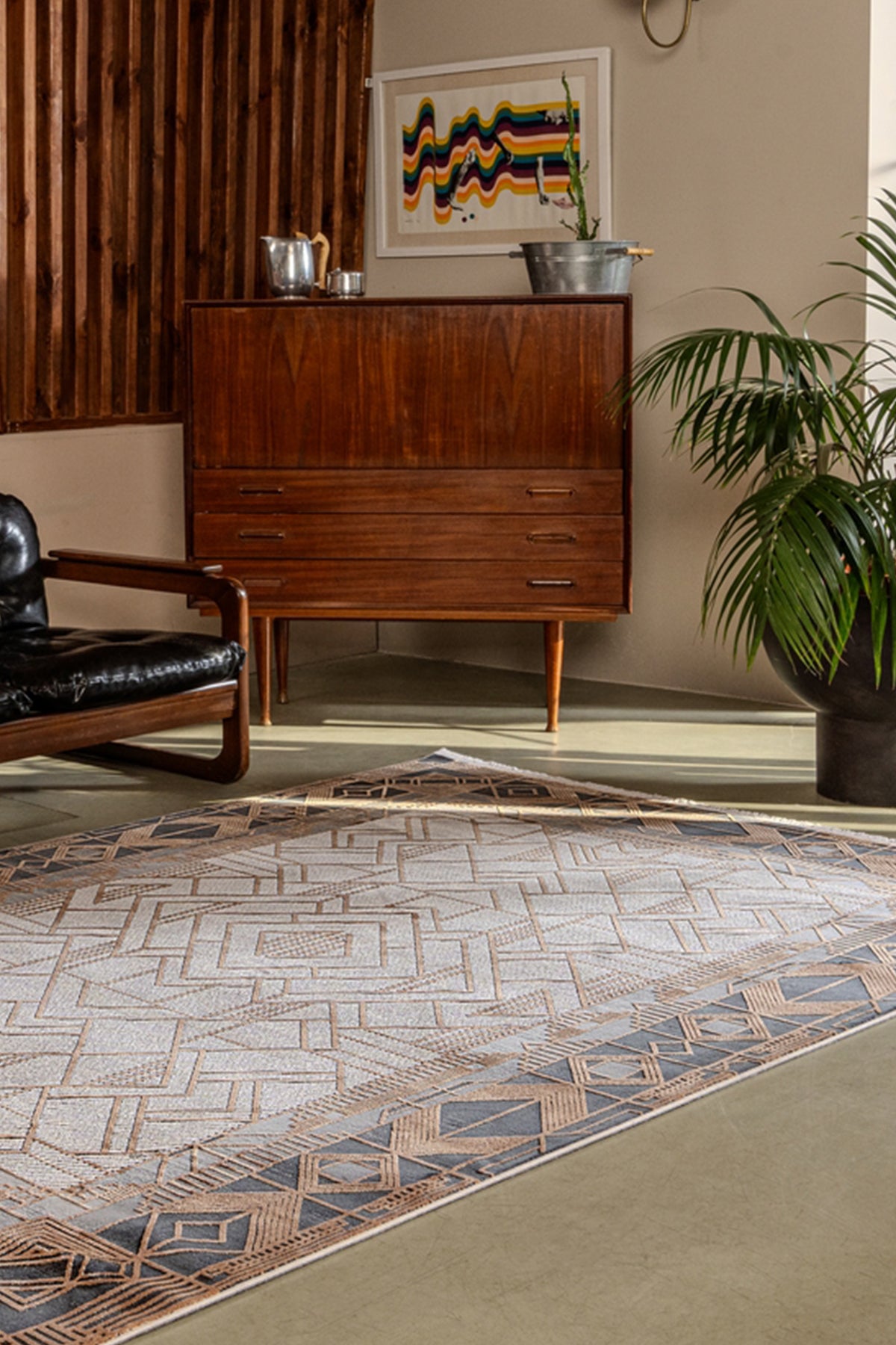 Gallery 1308 Antrasit-Bej Uzun Ömürlü Yumuşak Dokulu Salon Mutfak Koridor Oturma Odası Yolluk Halı