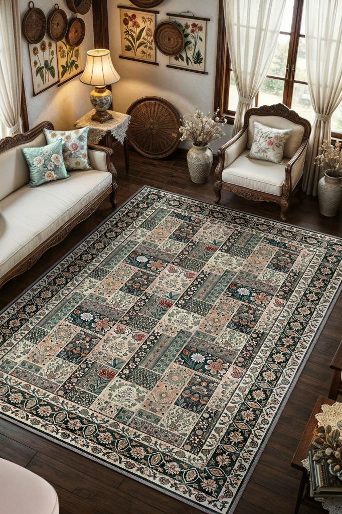 Geleneksel Türk Ve İran Halısı Desenli Patchwork Halı, Çiçek Detay İşlemeli Antik Tarz Yıkanabilir Halı