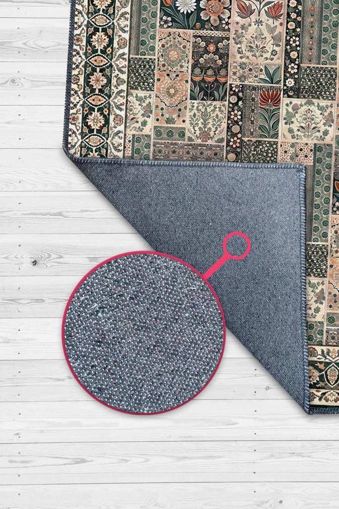 Geleneksel Türk Ve İran Halısı Desenli Patchwork Halı, Çiçek Detay İşlemeli Antik Tarz Yıkanabilir Halı