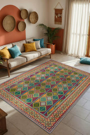 Geometrik Çok Renkli Antik Oturma Odası Halısı, Enerjik Ve Sanatsal Ev Dekoru İçin Yıkanabilir Halı