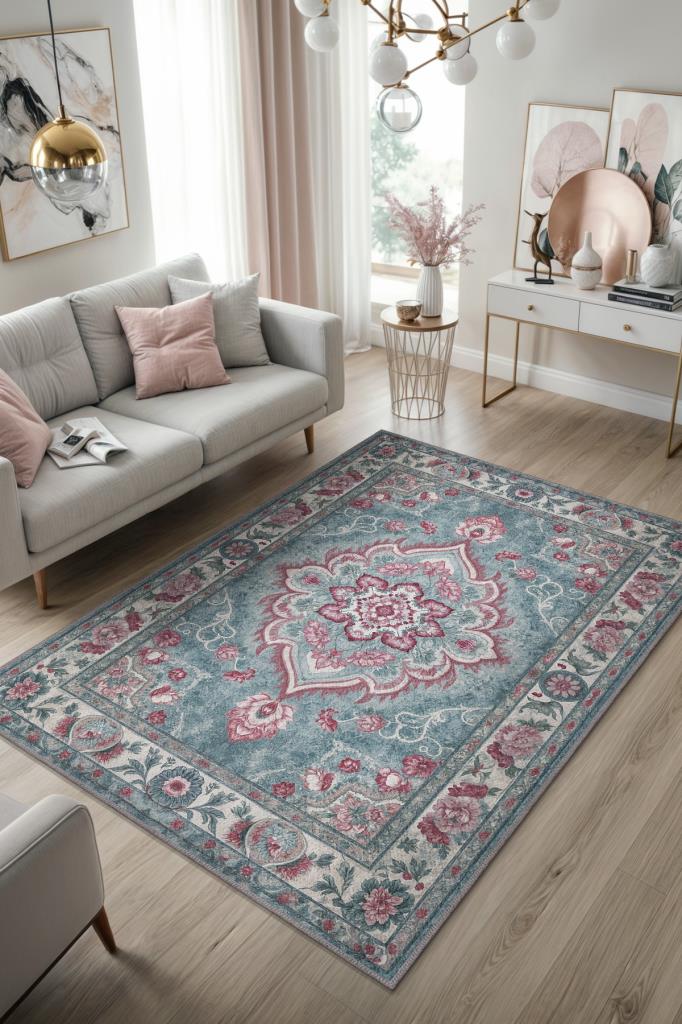 Göbekli İran Halısı Tarzı Yıkanabilir Pastel Renkli Salon Halısı, Mavi Pembe Oturma Odası Halısı