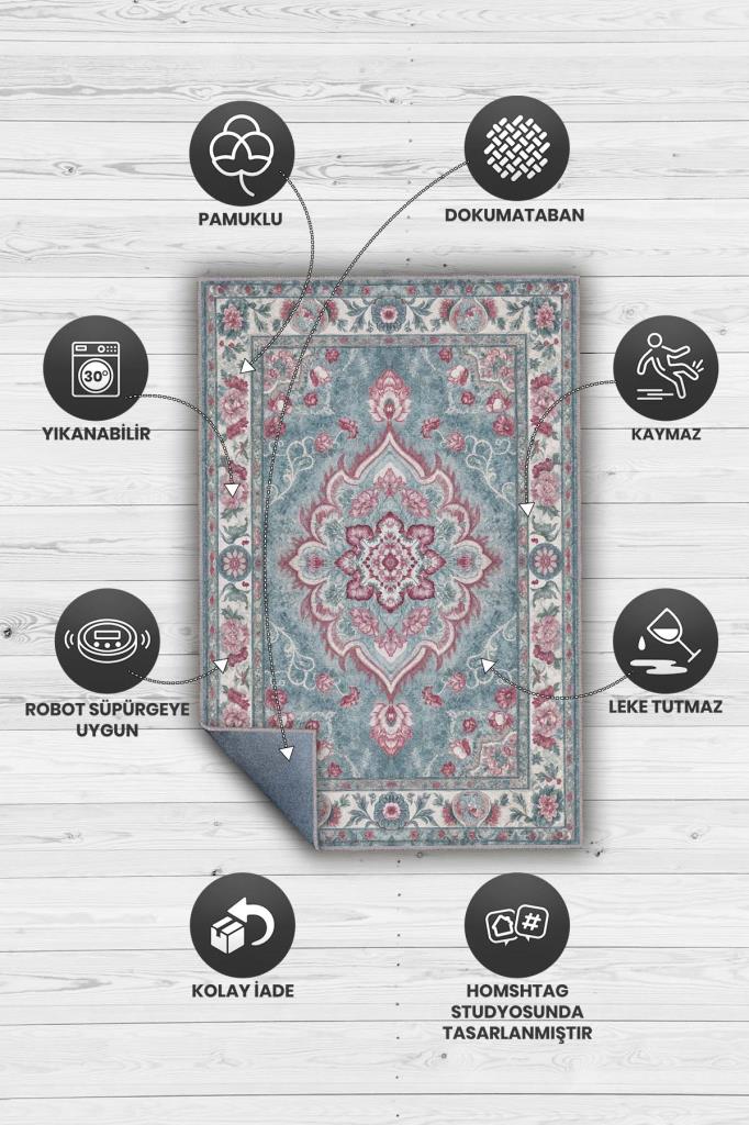Göbekli İran Halısı Tarzı Yıkanabilir Pastel Renkli Salon Halısı, Mavi Pembe Oturma Odası Halısı
