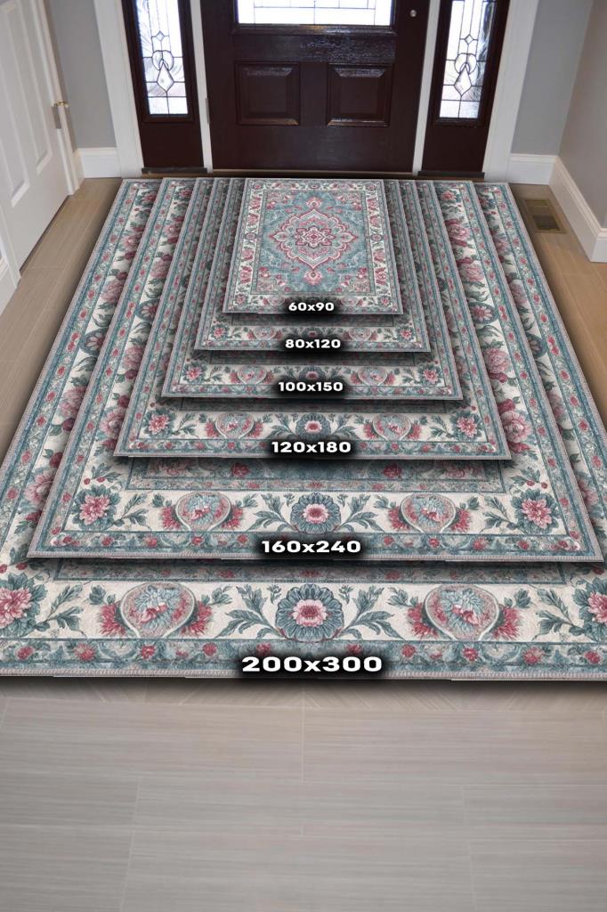 Göbekli İran Halısı Tarzı Yıkanabilir Pastel Renkli Salon Halısı, Mavi Pembe Oturma Odası Halısı