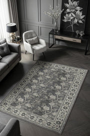 Gotik Dekor Tarzı Çiçekli Gri Yatak Odası Halısı, Yıkanabilir Gri Oturma Odası Halısı