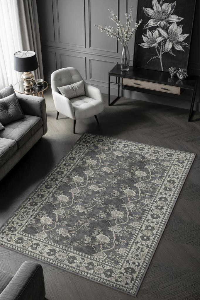 Gotik Dekor Tarzı Çiçekli Gri Yatak Odası Halısı, Yıkanabilir Gri Oturma Odası Halısı