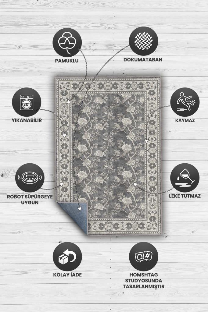 Gotik Dekor Tarzı Çiçekli Gri Yatak Odası Halısı, Yıkanabilir Gri Oturma Odası Halısı