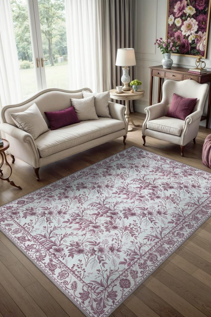 Gül Pembesi Renkli Çiçek Desenli Vintage Salon Halısı, Romantik Oda Dekoru İçin Yıkanabilir Dokuma Pamuk Tabanlı Halı
