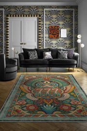 Homshtag 7-7-7 Temalı Yeşil Renkli Spiritüel Temalı Melek Habercisi Şans Getiren Sayı Sekansılı Halı