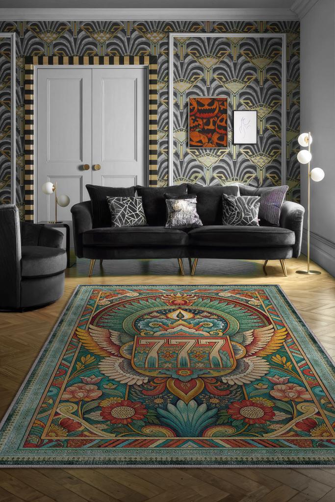 Homshtag 7-7-7 Themed Green Spiritual Themed Angel Messenger Lucky Number Sequence Rug