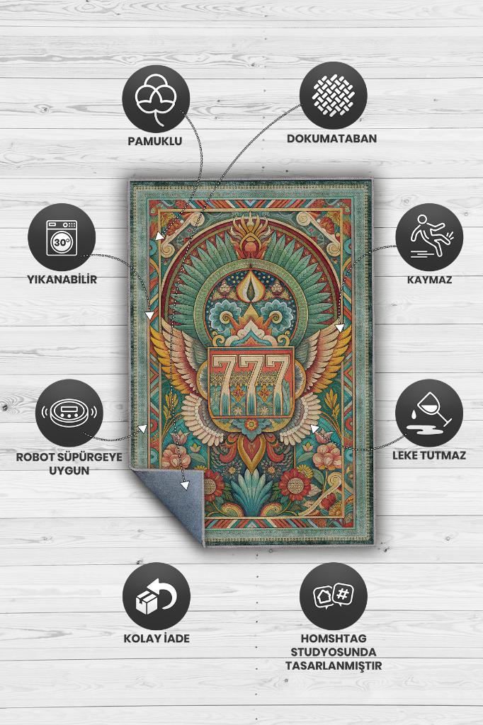 Homshtag 7-7-7 Temalı Yeşil Renkli Spiritüel Temalı Melek Habercisi Şans Getiren Sayı Sekansılı Halı