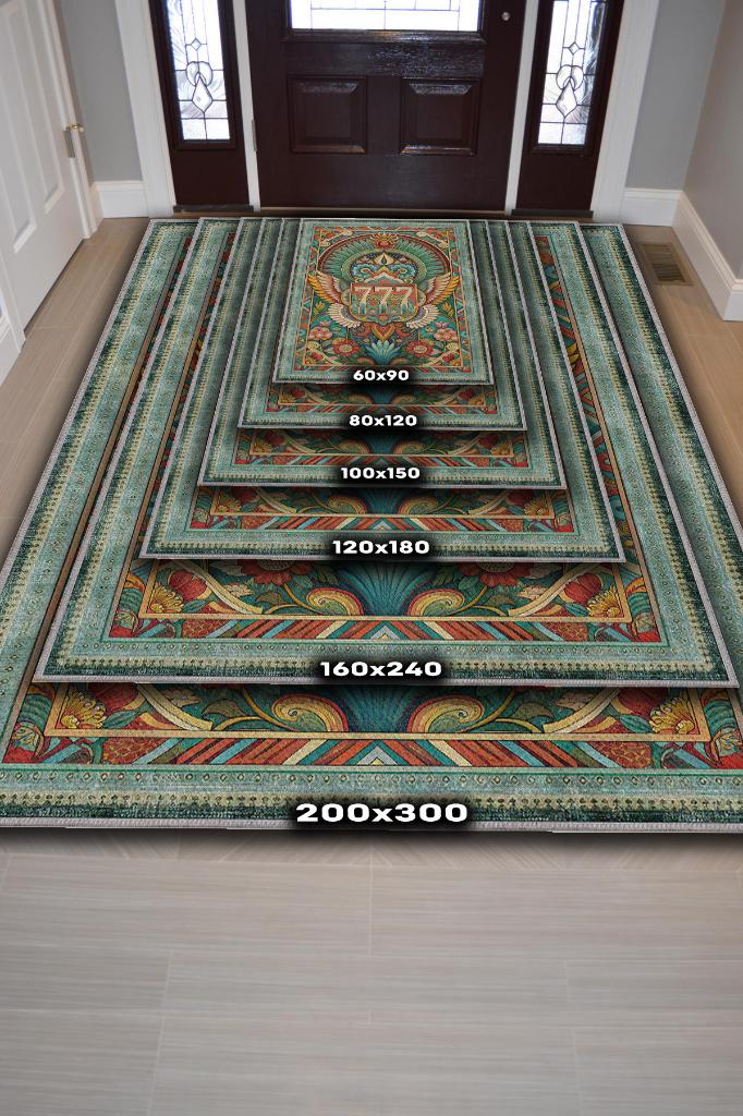 Homshtag 7-7-7 Temalı Yeşil Renkli Spiritüel Temalı Melek Habercisi Şans Getiren Sayı Sekansılı Halı