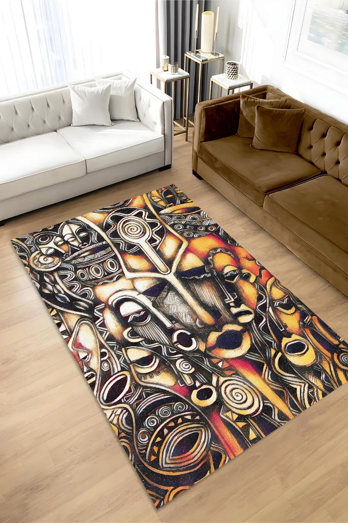 Homshtag Afrika Maskeleri Minimal Salon Halısı Etnik Desenli Halı Kahve Renkli Oturma Odası Halısı