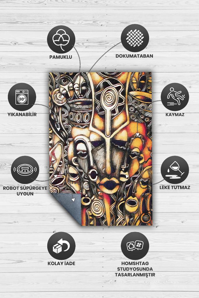 Homshtag Afrika Maskeleri Minimal Salon Halısı Etnik Desenli Halı Kahve Renkli Oturma Odası Halısı