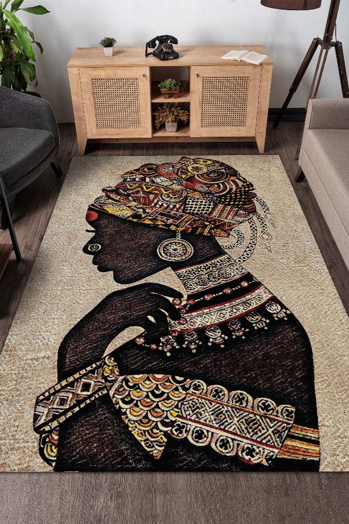 Homshtag Afrikalı Kadın Minimal Salon Halısı Etnik Desenli Halı Bej Renkli Oturma Odası Halısı