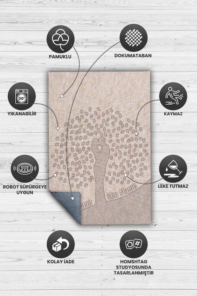 Homshtag Ağaç Kişiye Özel Kişiselleştirilebilir Sevgi Halısı Bej Renk Hediyelik Sevgiliye Özel Halı